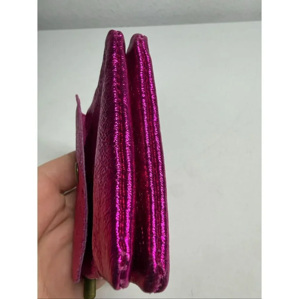 Genuine Leather Metallic Pink Wallet Zip Coin Pouch Compact Card Holder
